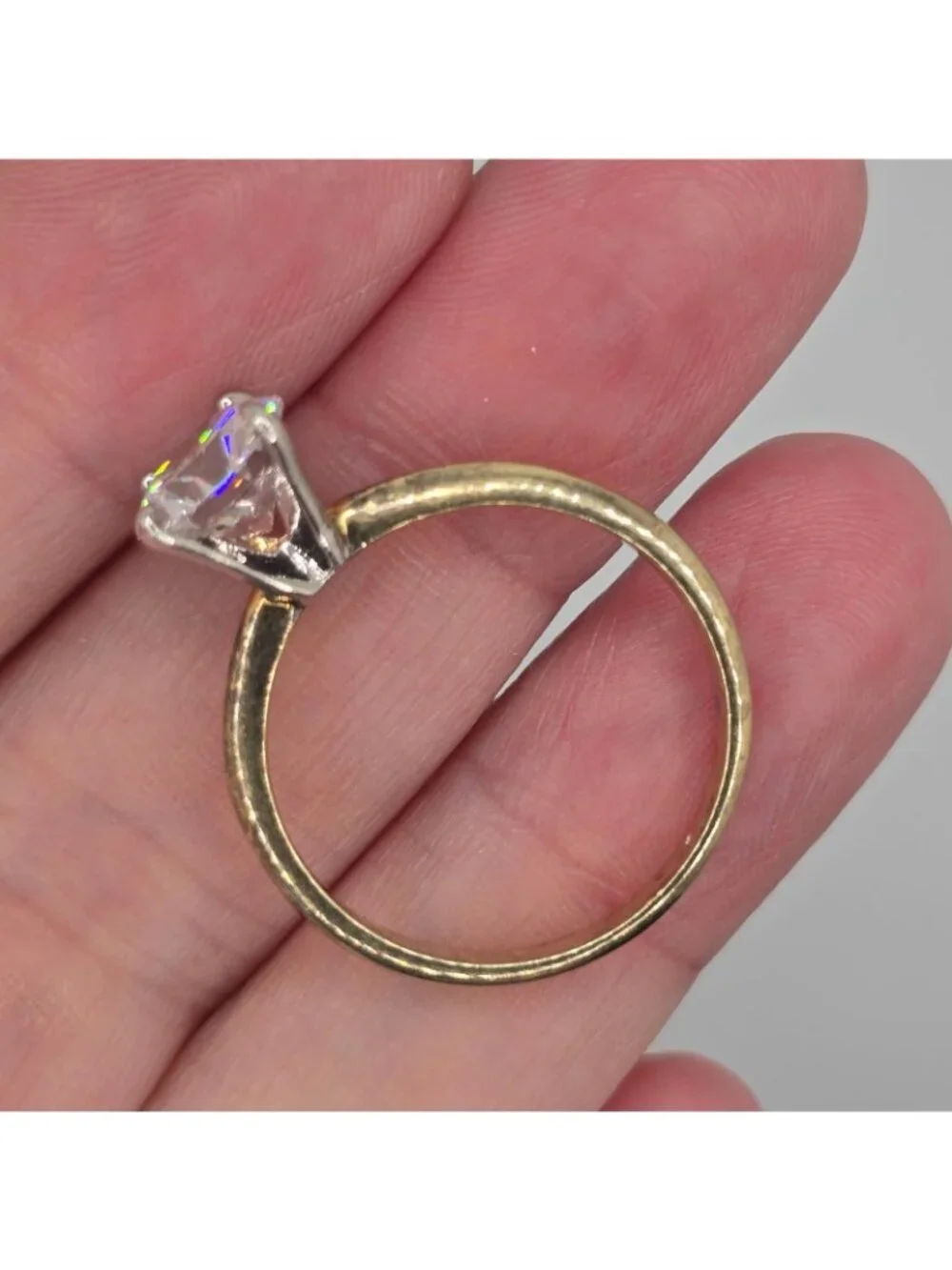 Vintage Gold Tone Solitaire Faux Engagement Ring Large Round Clear Stone Size 9